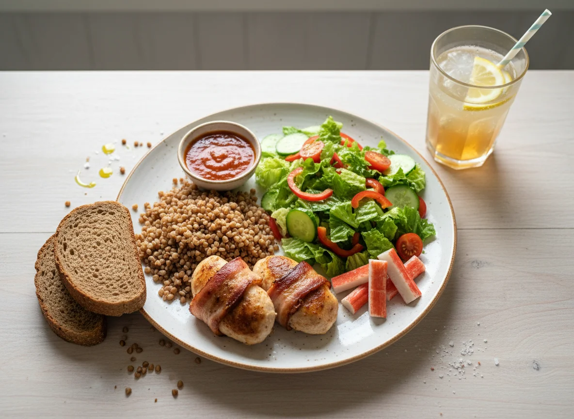 Куриное филе в беконе с гречкой, салатом и крабовыми палочками photo