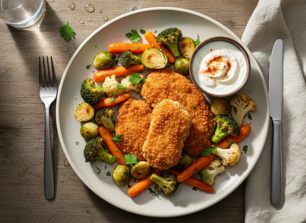 Куриное филе в панировке с овощами photo