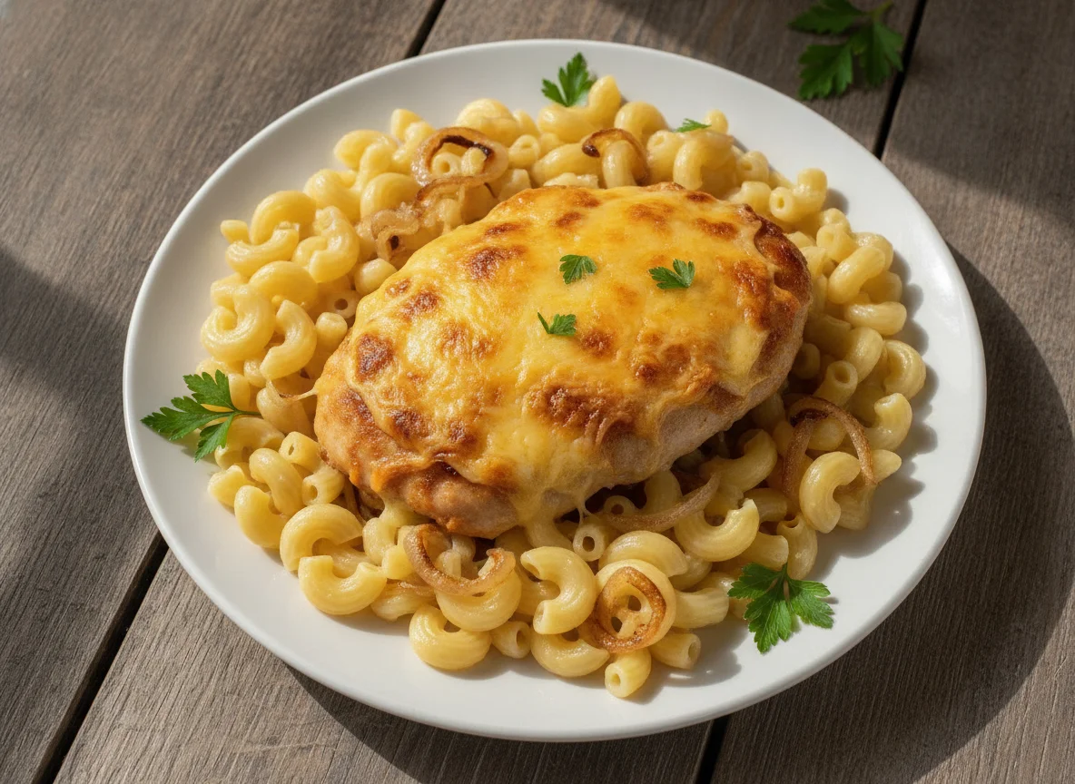 Куриное филе запеченное под сыром с макаронами photo