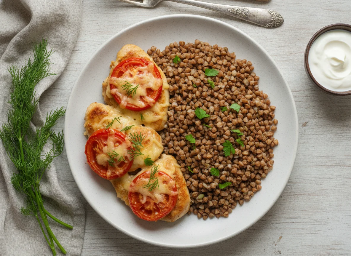 Куриное филе запеченное с помидорами и сыром с гречкой photo