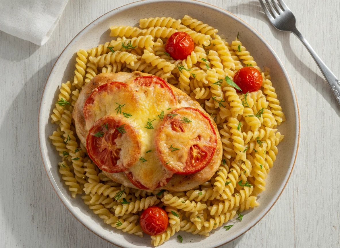 Куриное филе запеченное с помидорами и сыром с макаронами photo