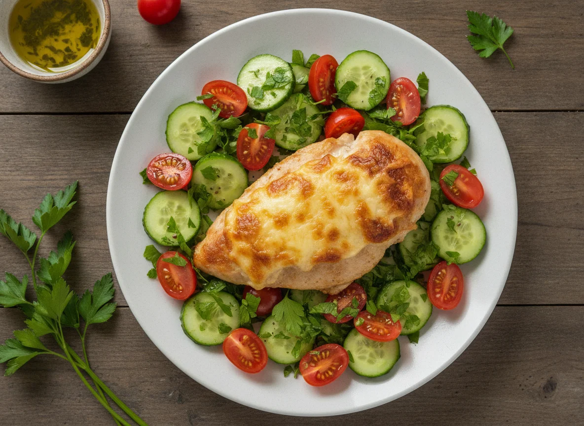Куриное филе запеченное с сыром и овощной салат photo