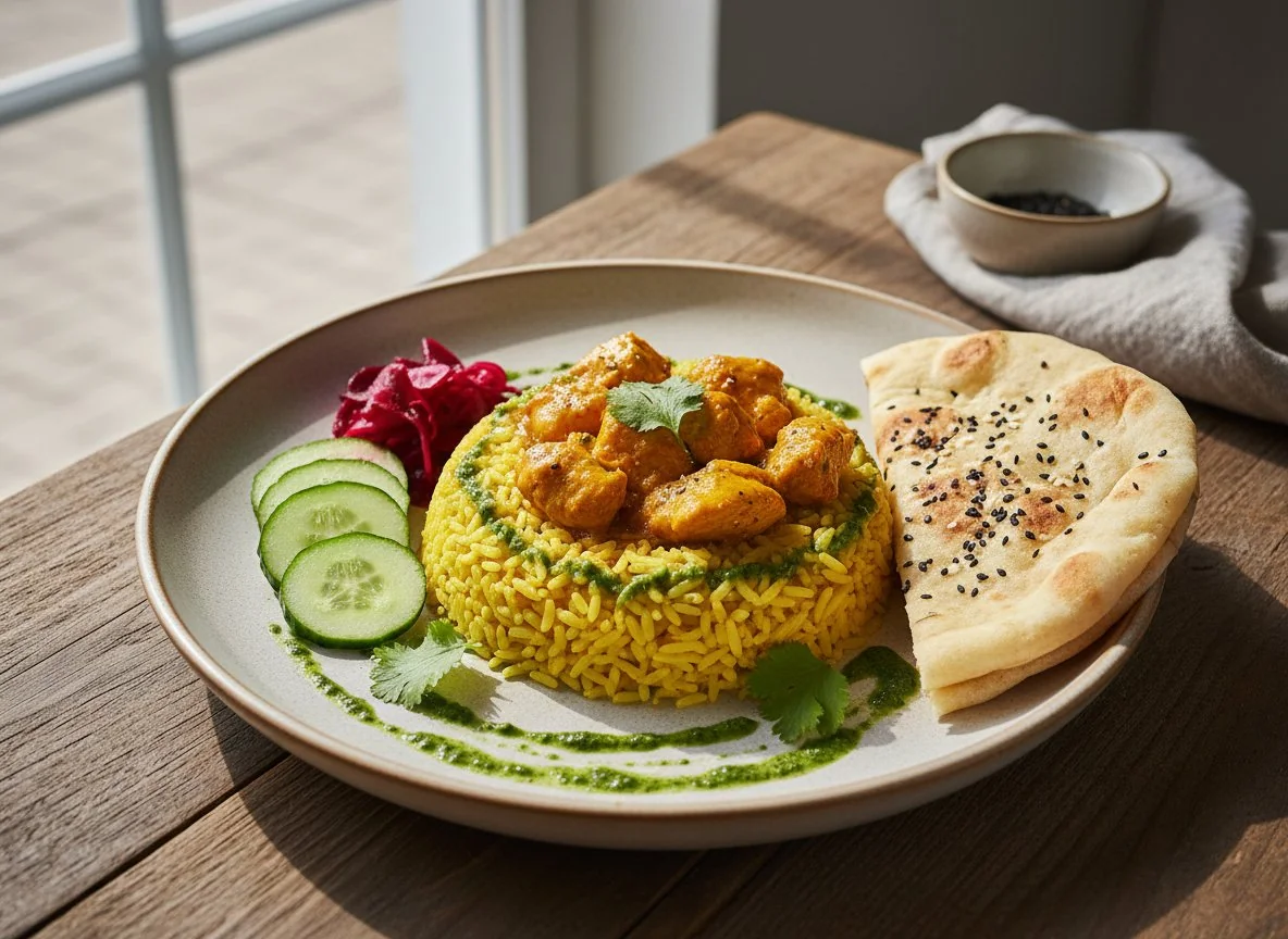 Куриное карри с рисом и лепешкой photo