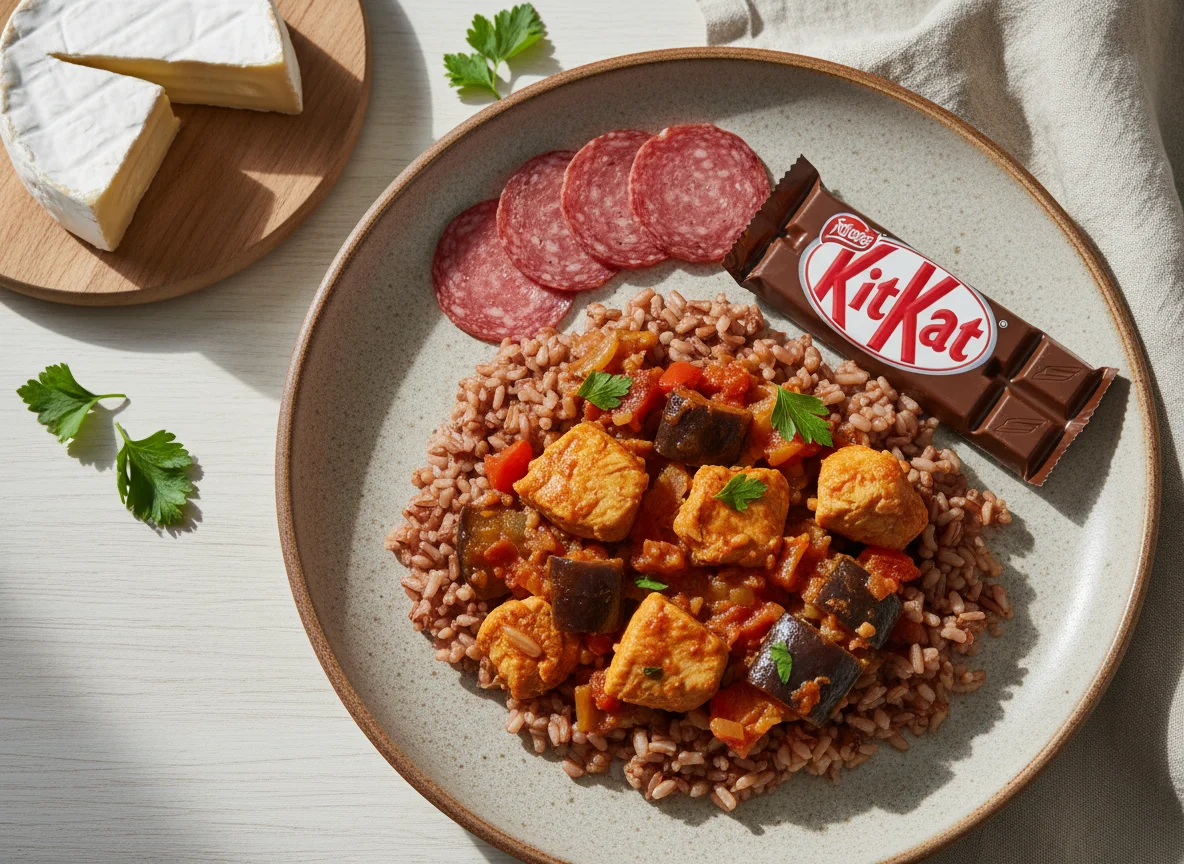 Куриное рагу с баклажанами и бурым рисом, сыр и шоколадный батончик photo