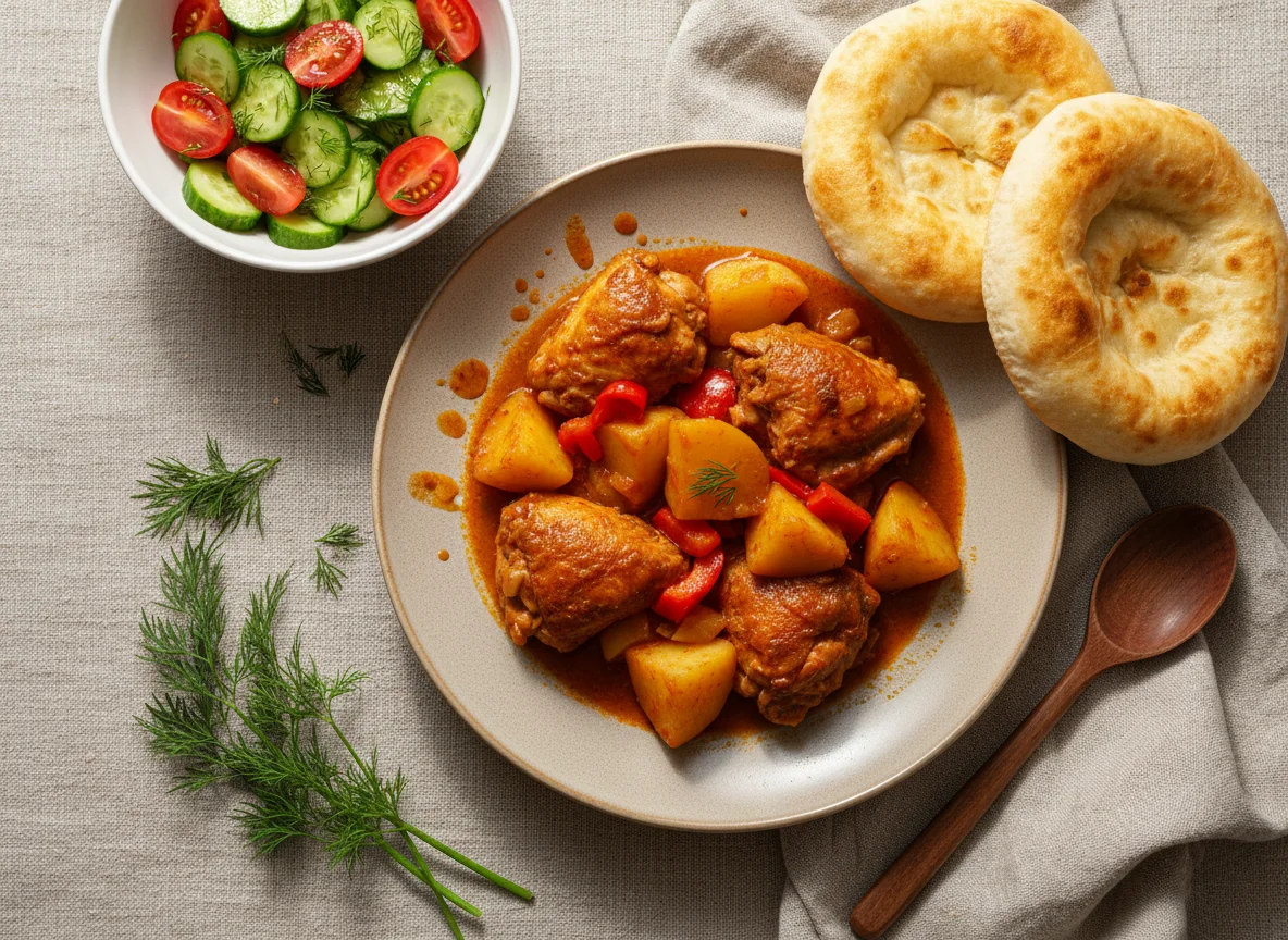 Куриное рагу с картофелем, лепешки и овощной салат photo