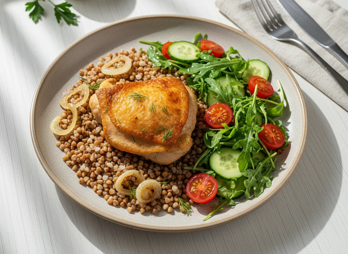 Куриные бедра с гречкой и овощами photo