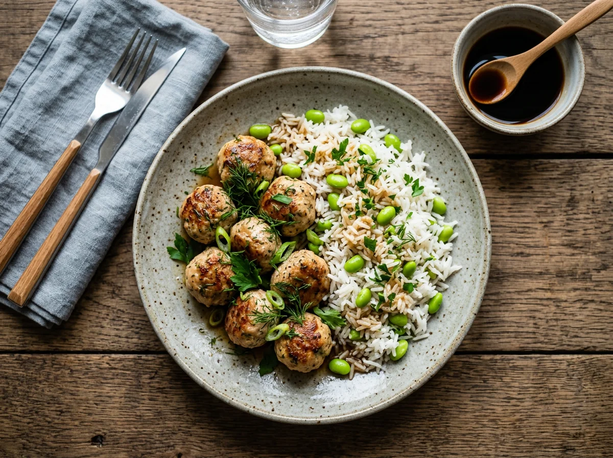 Куриные фрикадельки с рисом и эдамаме photo