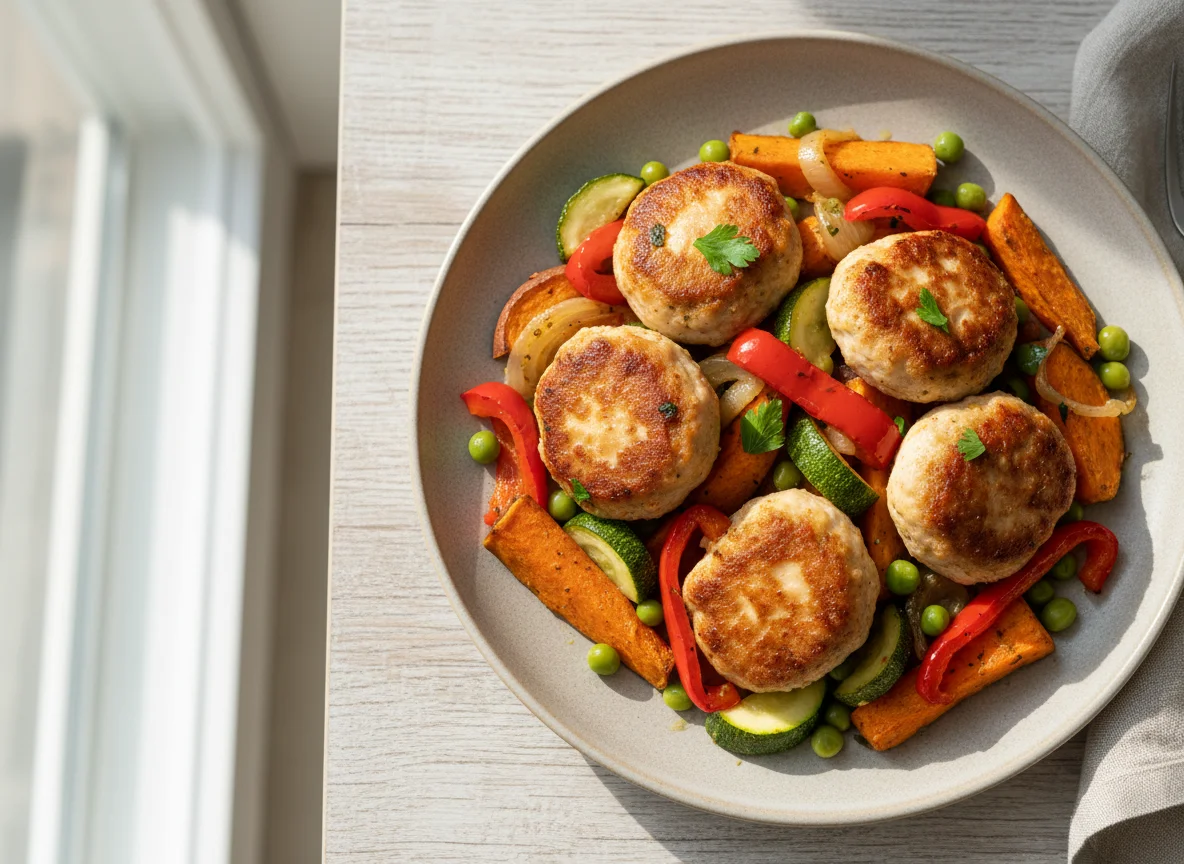 Куриные фрикадельки с жареными овощами photo