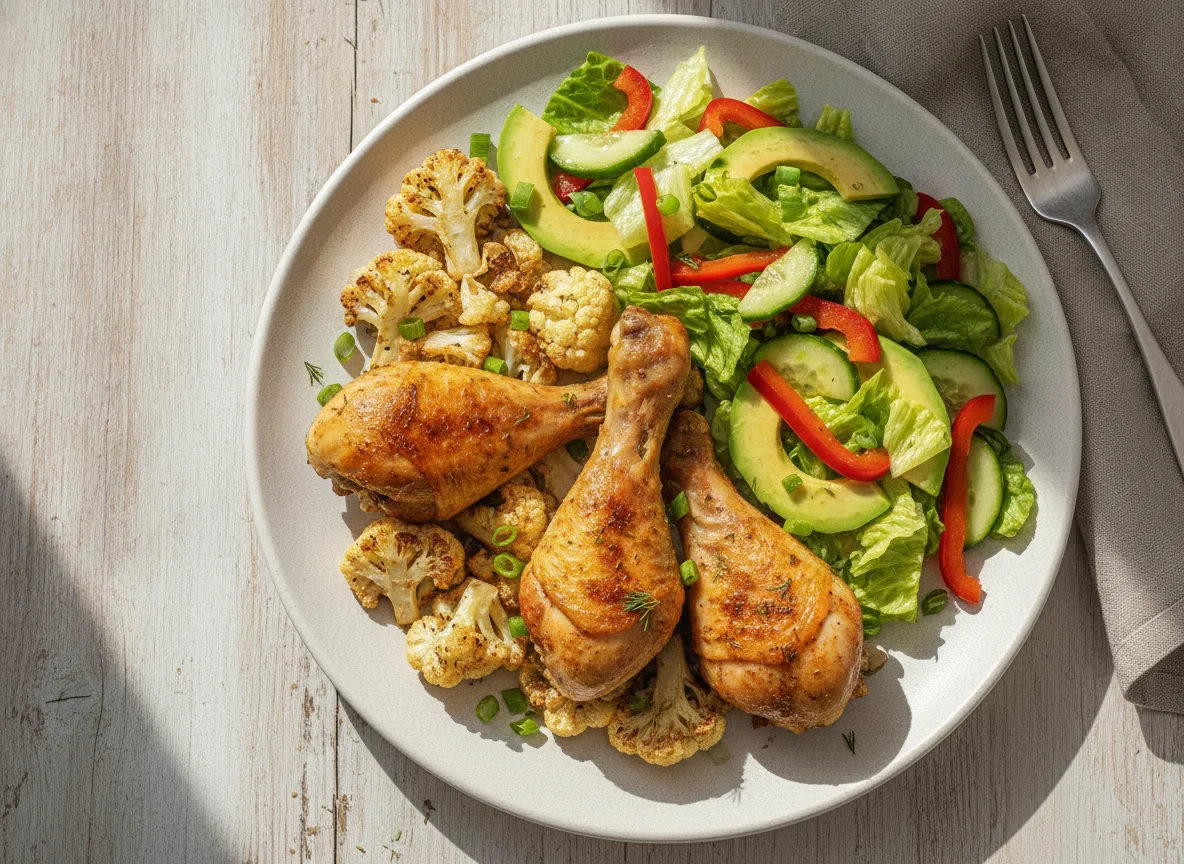 Куриные голени с цветной капустой и овощным салатом photo