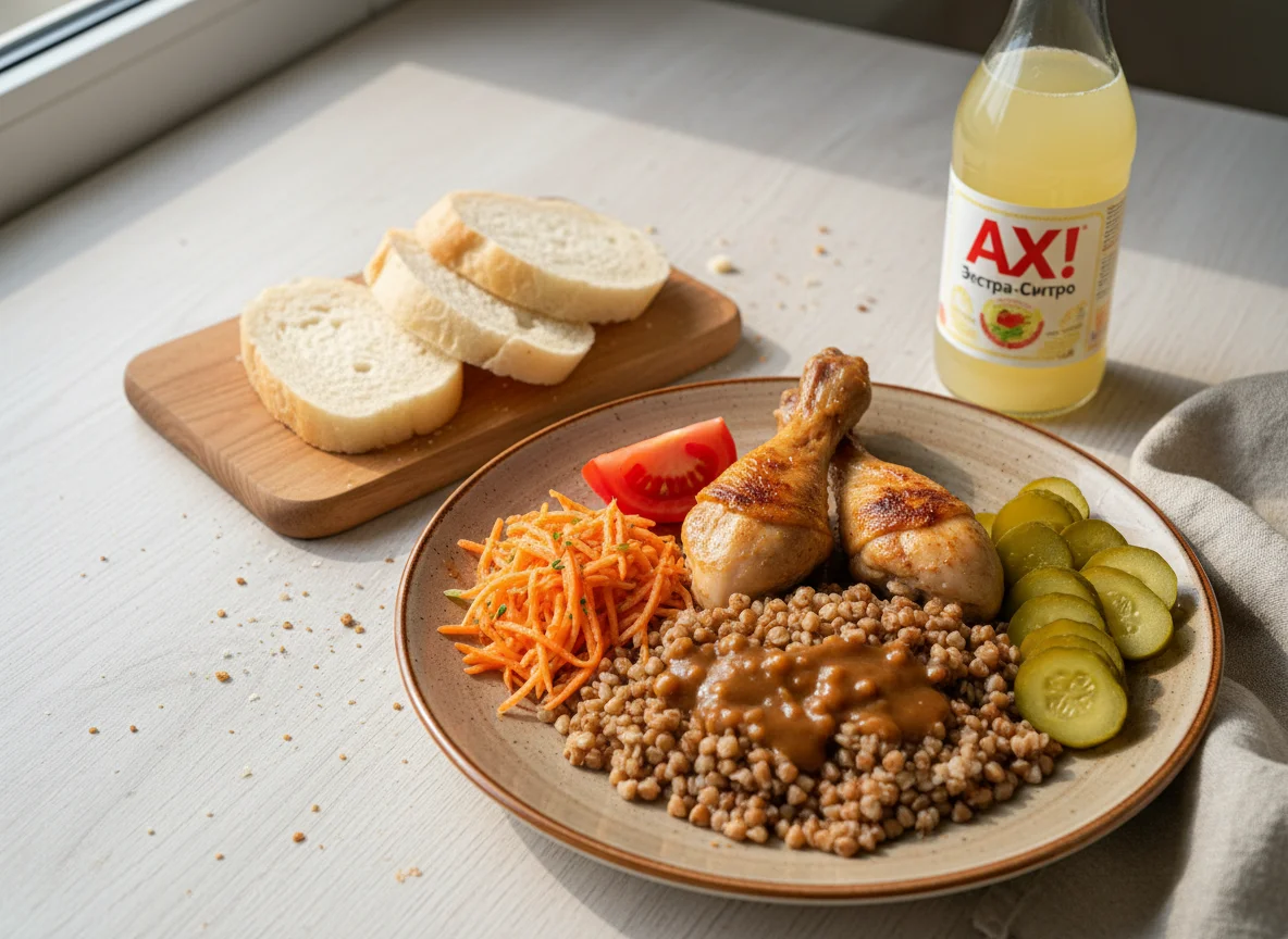 Куриные голени с гречкой, салатом и соленьями photo