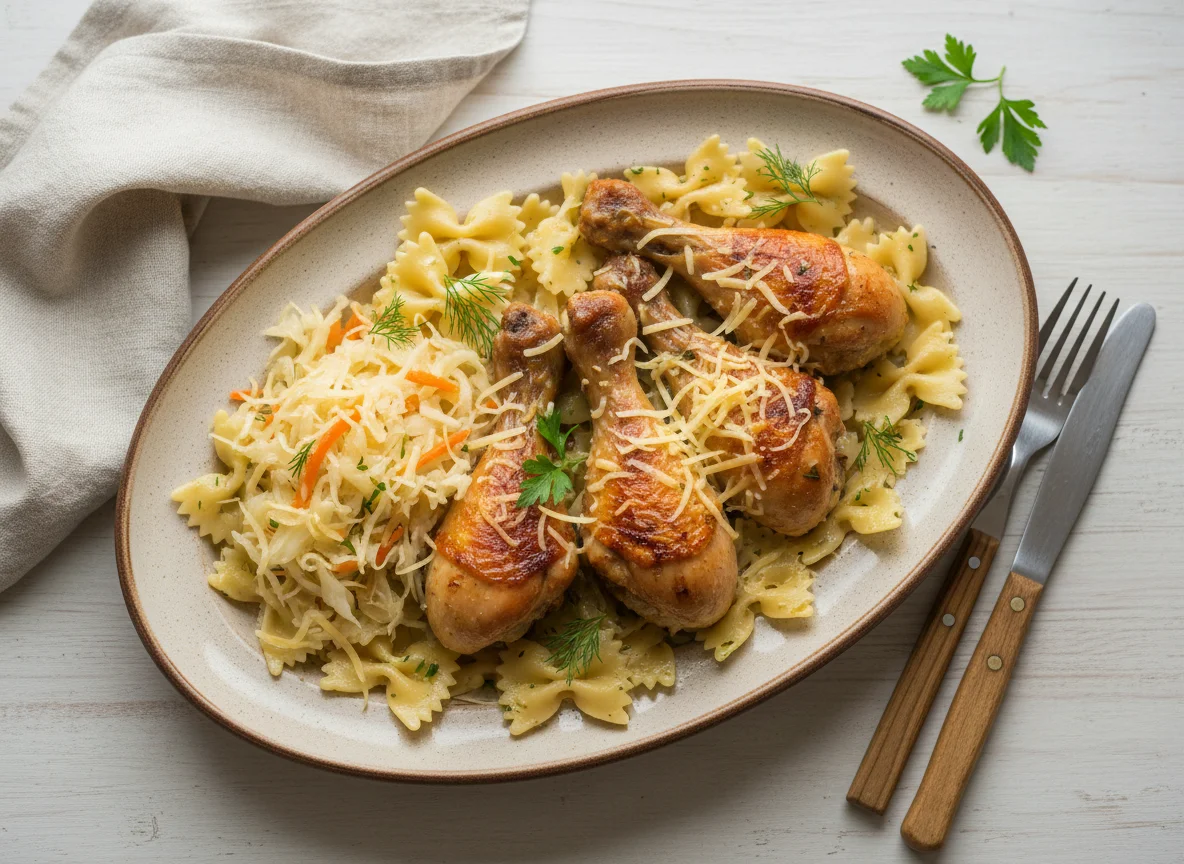 Куриные голени с макаронами, квашеной капустой и сыром photo
