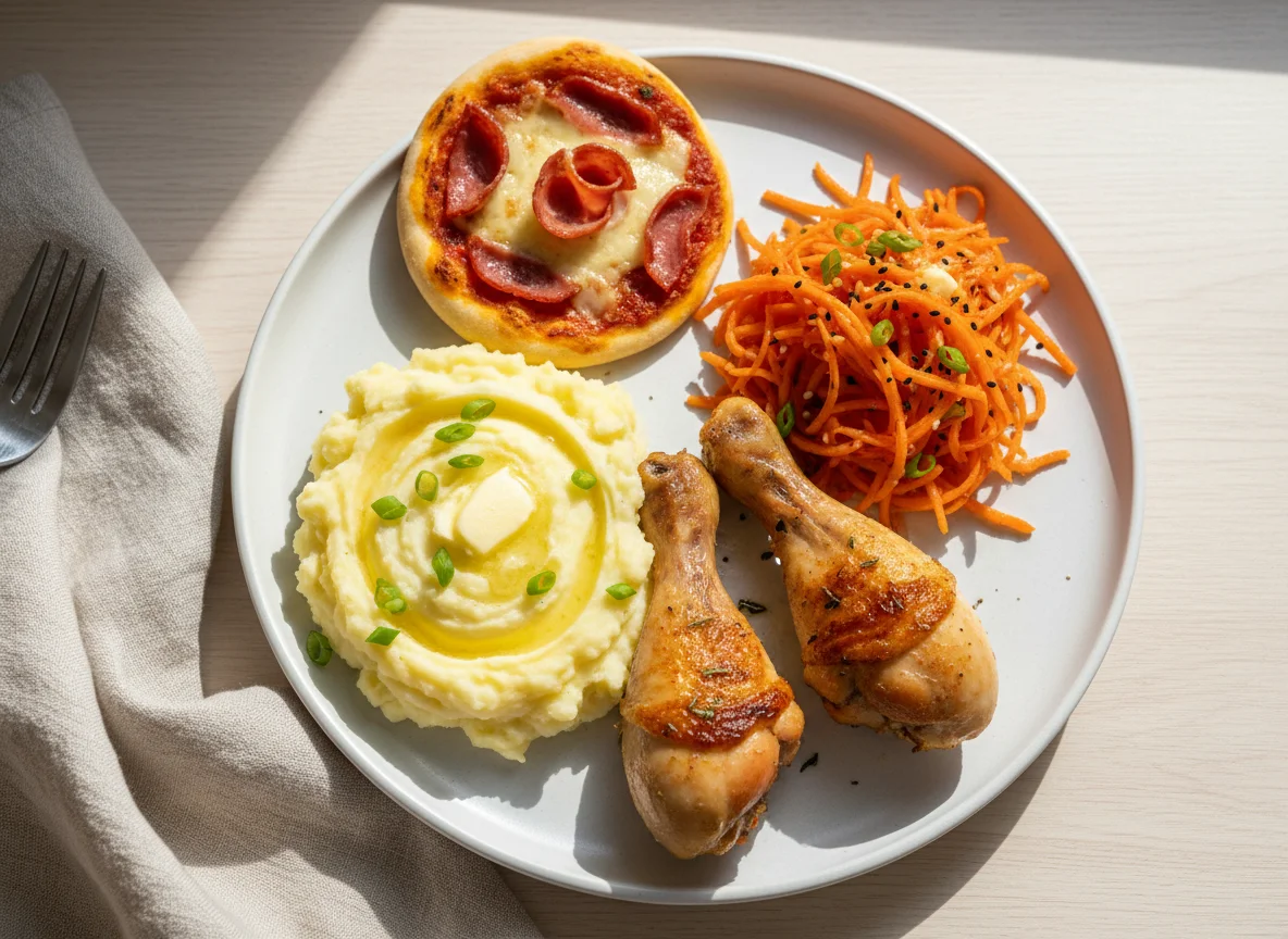 Куриные голени с пюре, морковью по-корейски и мини-пицца photo