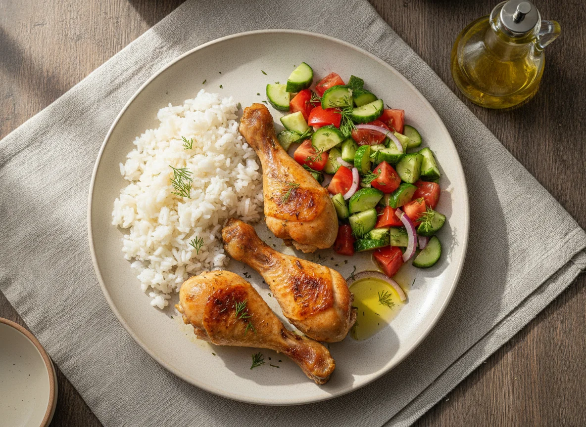 Куриные голени с рисом и овощным салатом photo