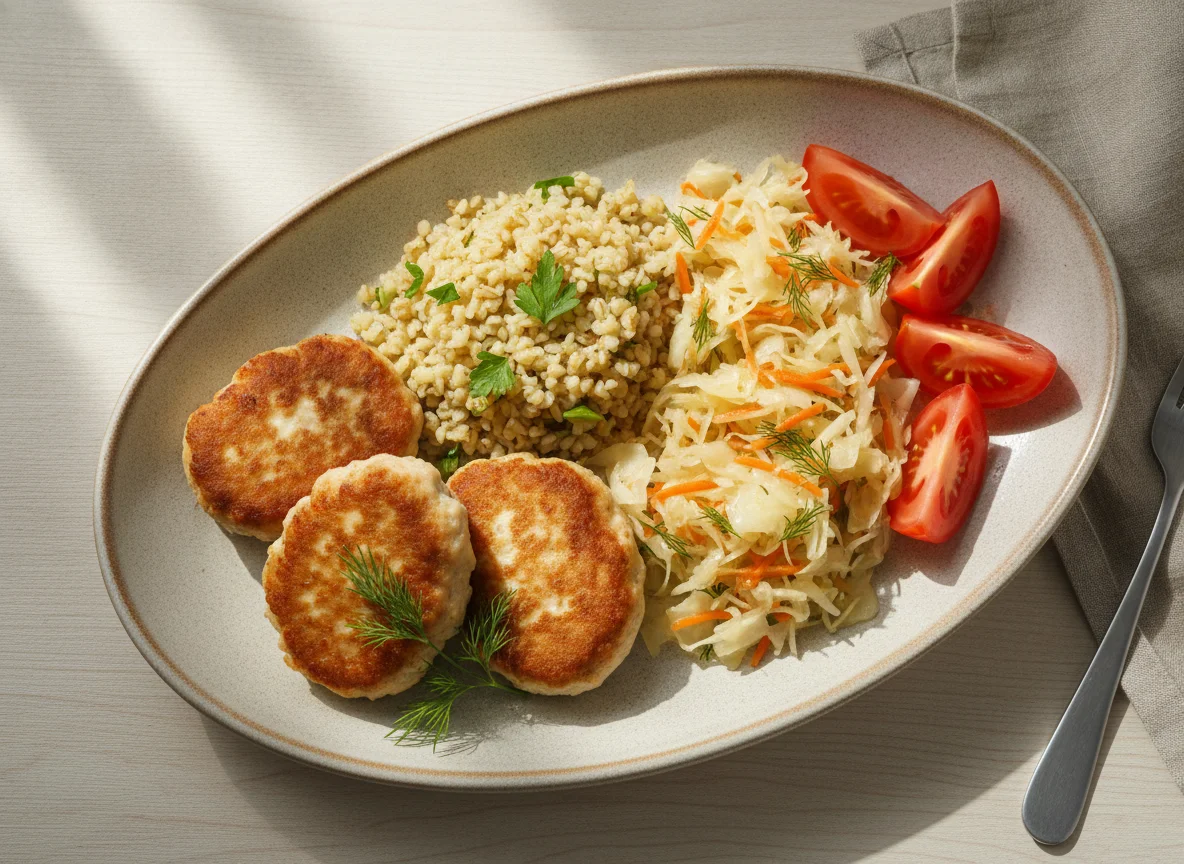 Куриные котлеты с булгуром и овощным салатом photo