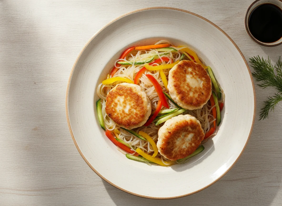 Куриные котлеты с фунчозой и овощами photo