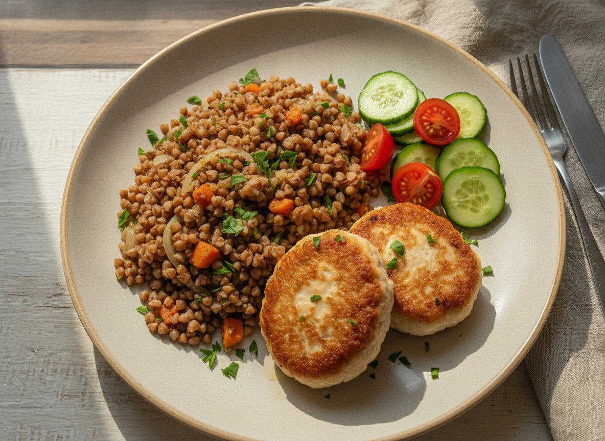 Куриные котлеты с гречкой и овощами photo