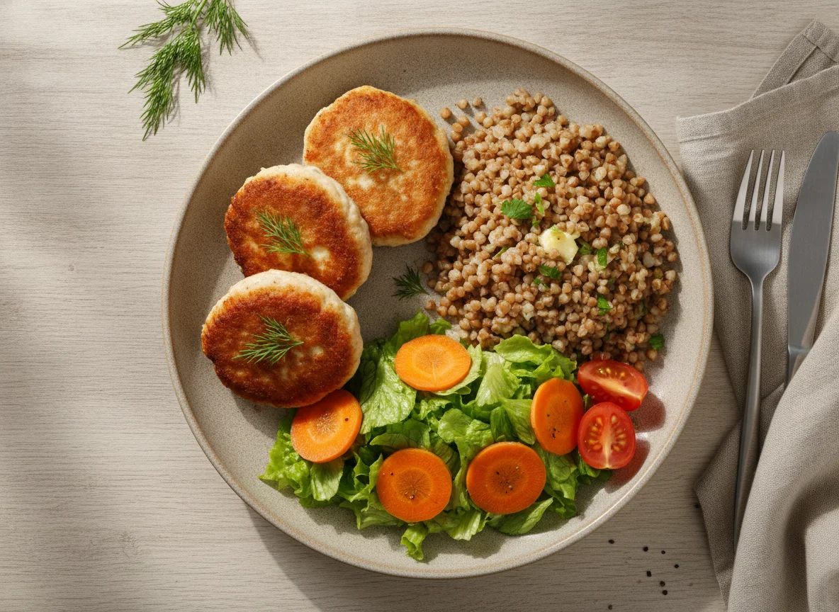 Куриные котлеты с гречкой и овощным салатом photo