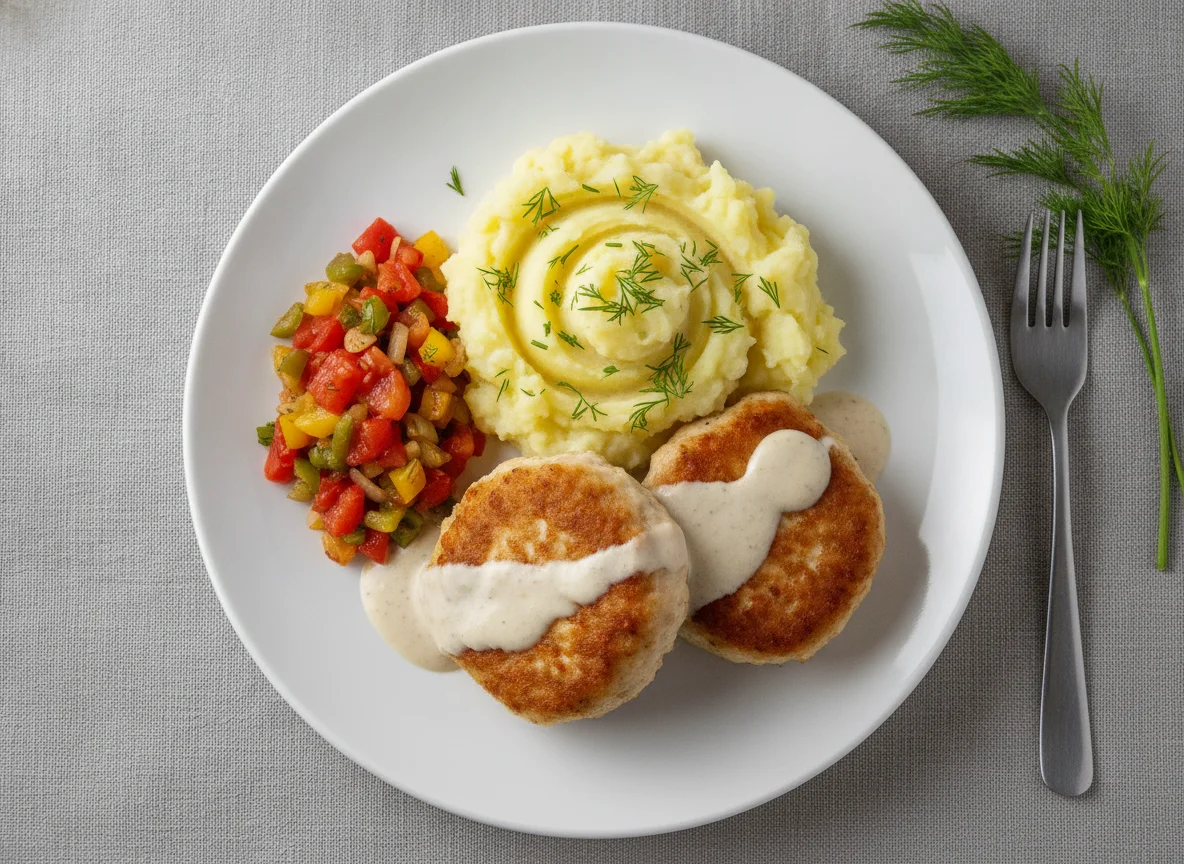 Куриные котлеты с картофельным пюре и соусом photo