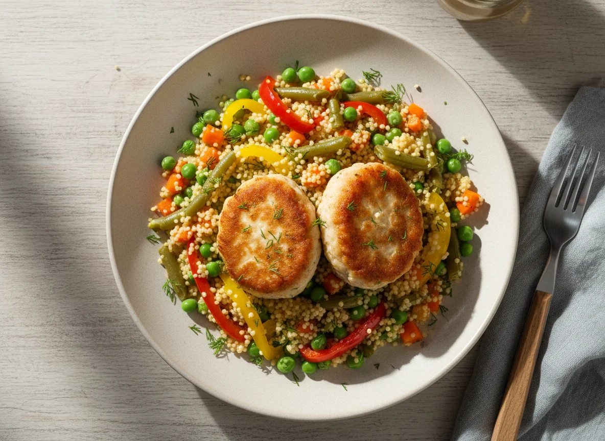 Куриные котлеты с кускусом и овощами photo