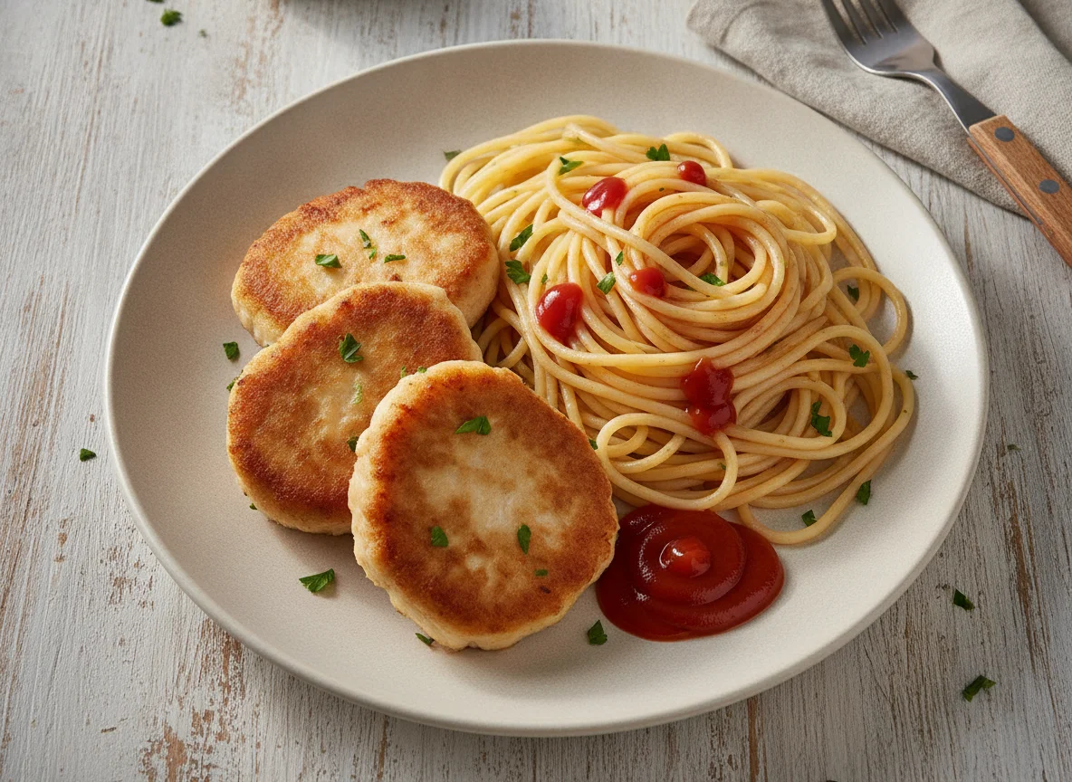 Куриные котлеты с макаронами и кетчупом photo