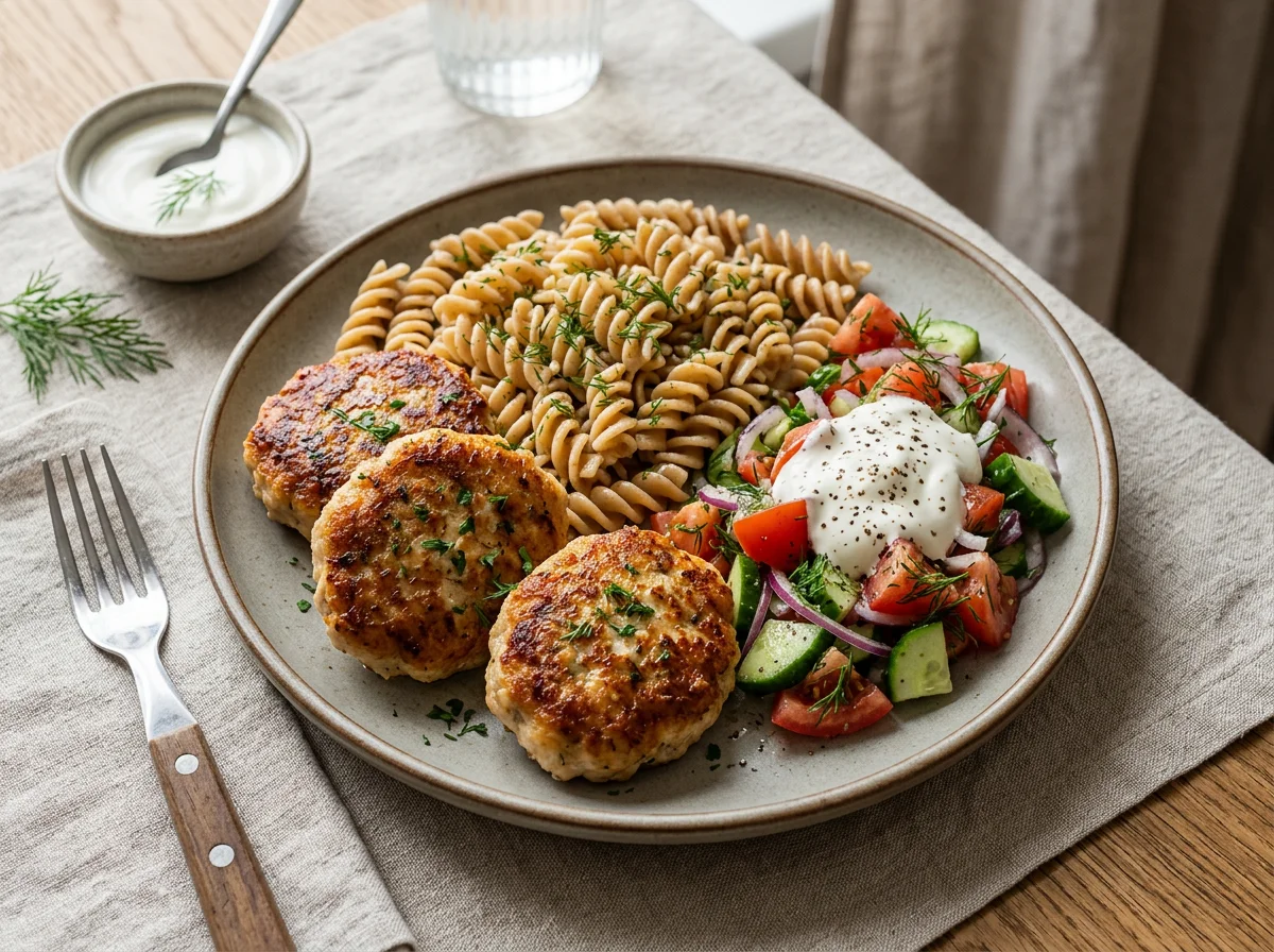 Куриные котлеты с макаронами и овощным салатом photo
