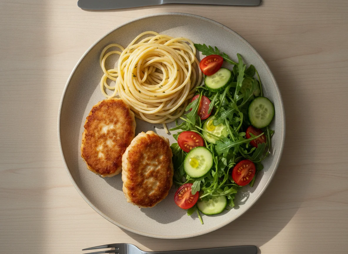Куриные котлеты с пастой и овощным салатом photo