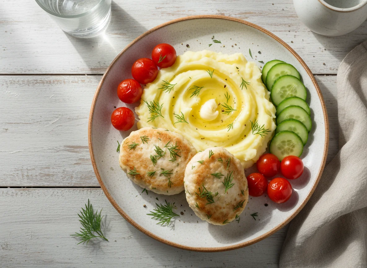 Куриные котлеты с пюре и овощами photo