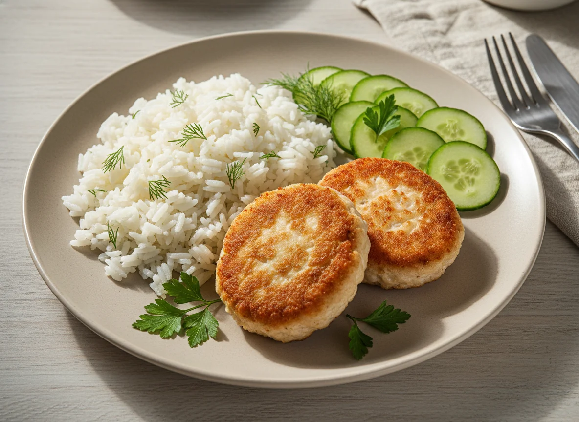 Куриные котлеты с рисом и огурцами photo