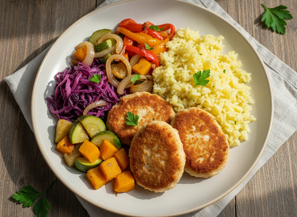 Куриные котлеты с рисом и овощами photo