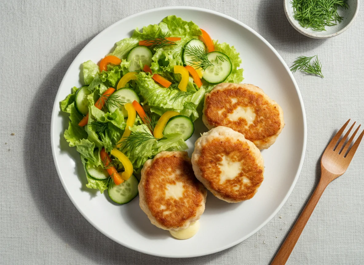 Куриные котлеты с сыром и овощным салатом photo