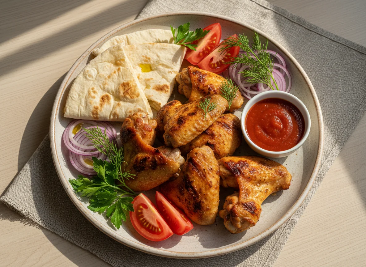 Куриные крылышки и шашлык с лавашом и овощами photo