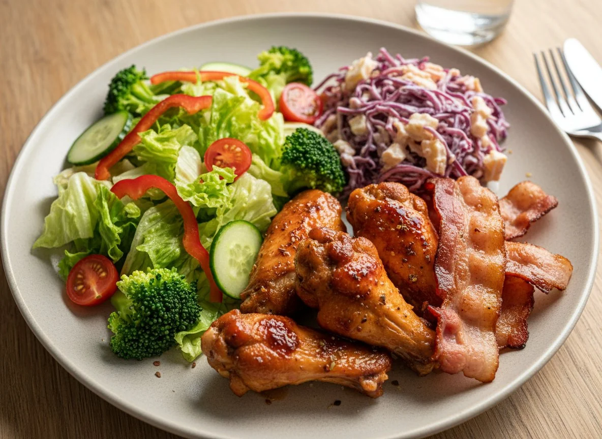 Куриные крылышки с беконом и овощным салатом photo