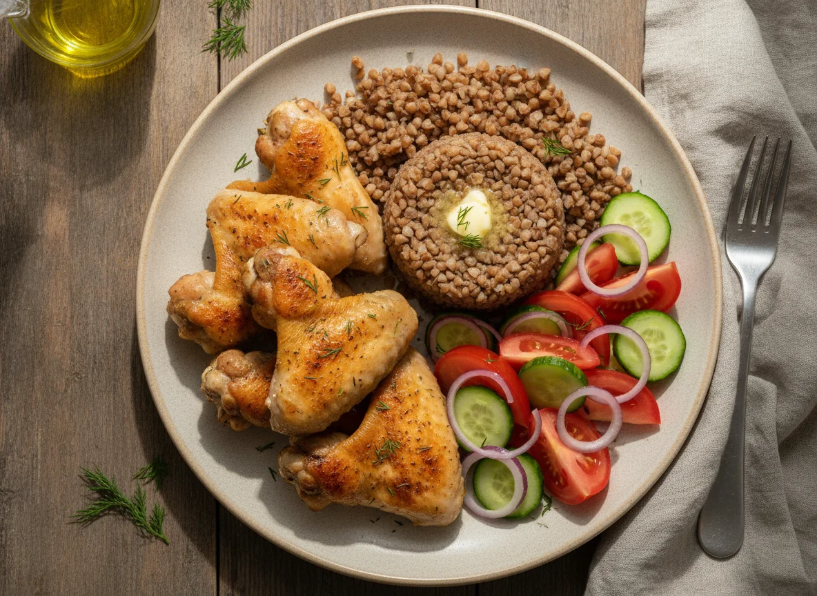 Куриные крылышки с гречкой и овощным салатом photo