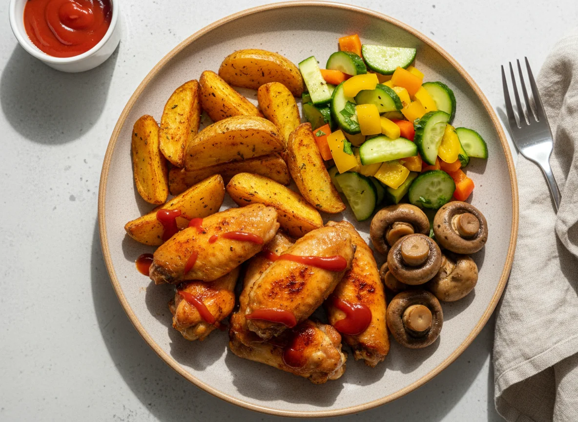 Куриные крылышки с картофелем, грибами и овощным салатом photo