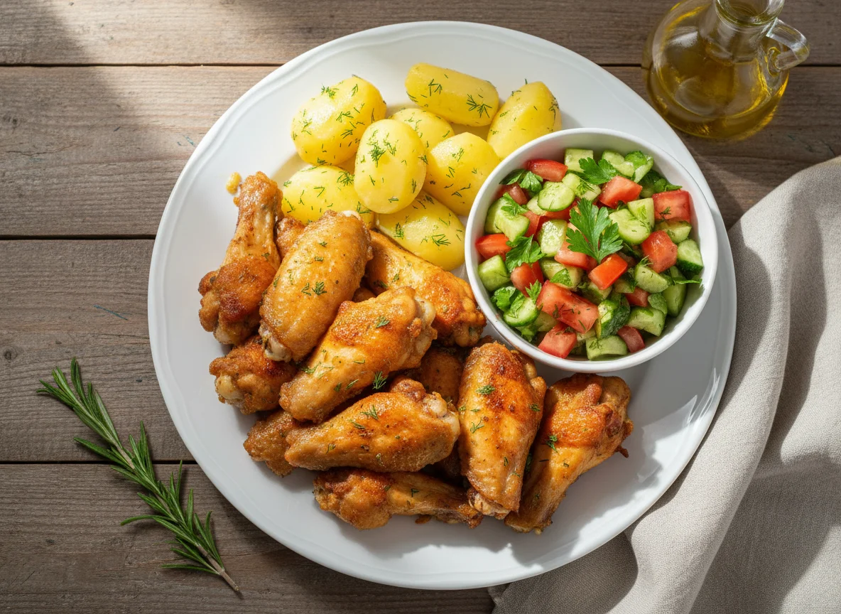 Куриные крылышки с картофелем и овощным салатом photo