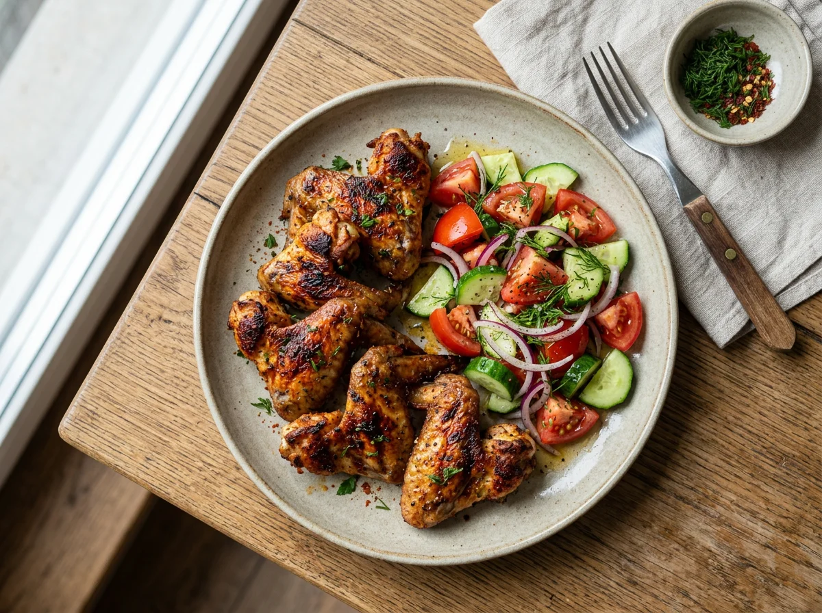 Куриные крылышки с овощным салатом photo