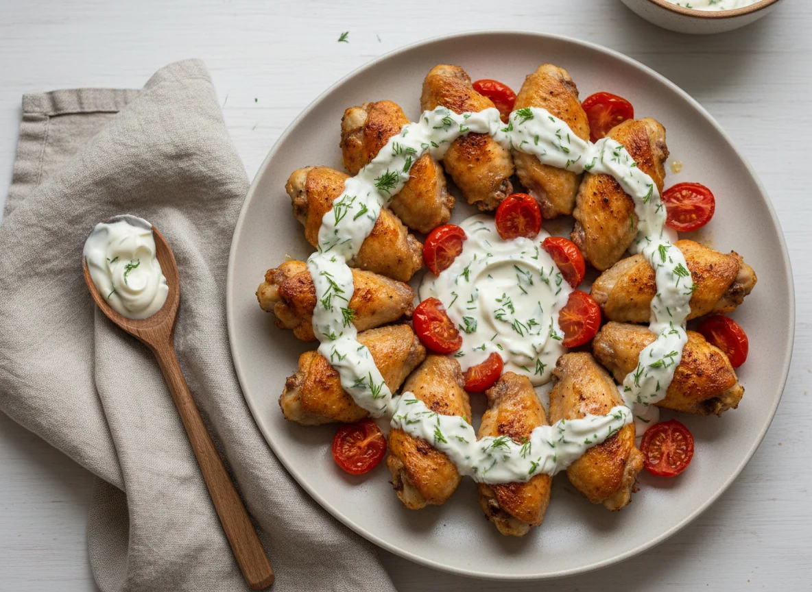 Куриные крылышки с помидорами и соусом photo