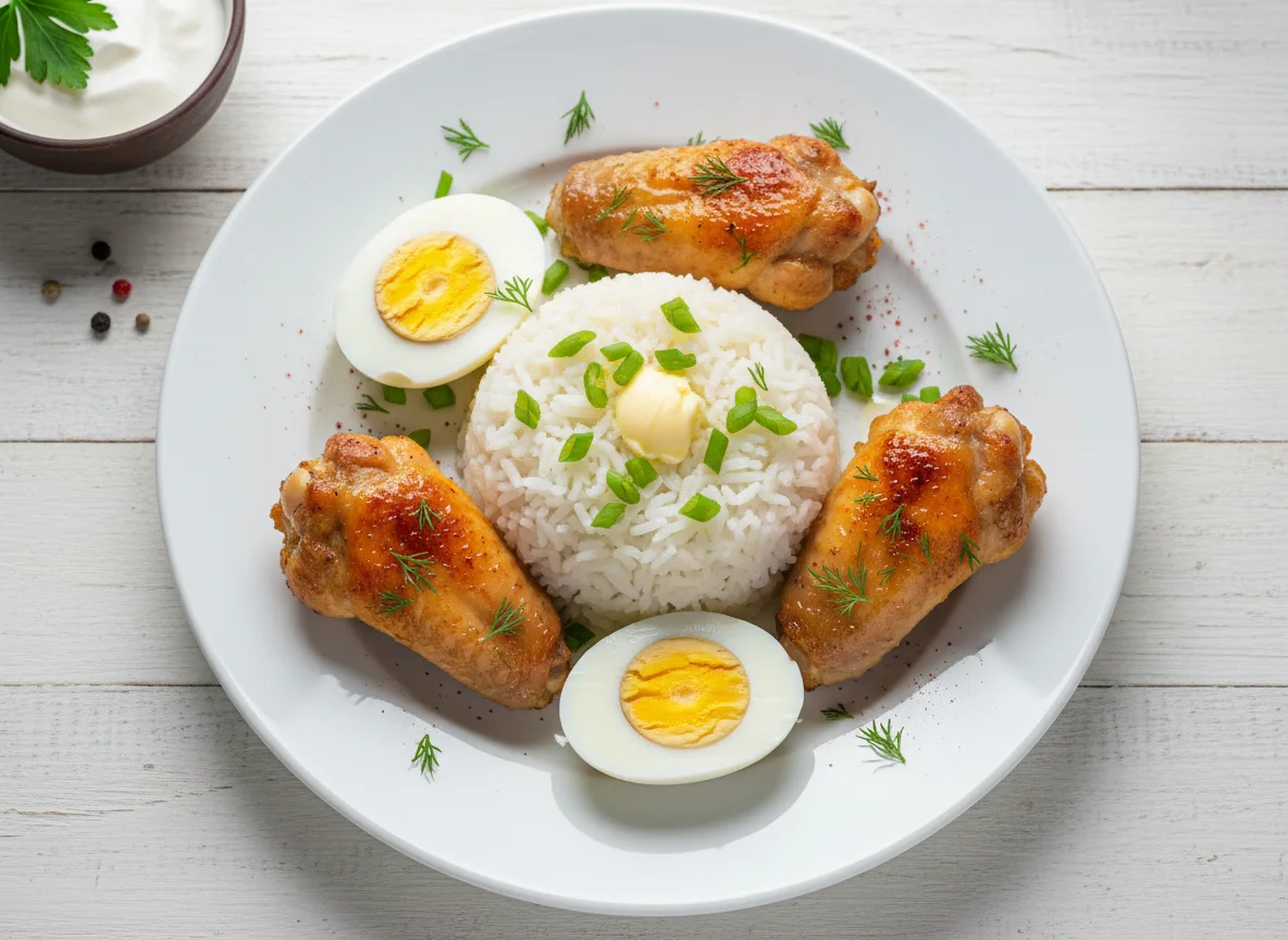 Куриные крылышки с рисом и яйцами photo