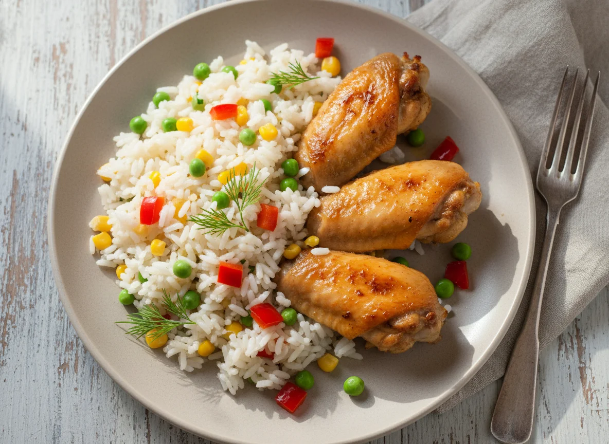 Куриные крылышки с рисом и овощами photo