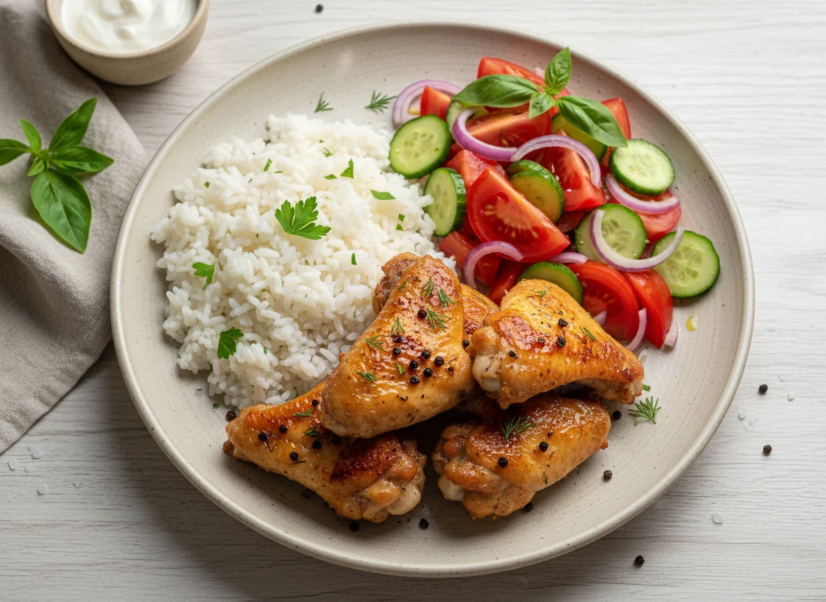 Куриные крылышки с рисом и овощным салатом photo