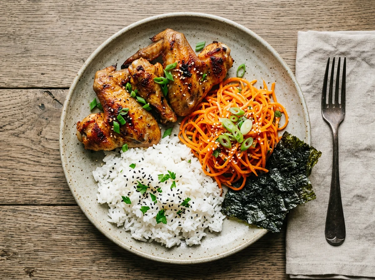 Куриные крылышки с рисом, морковью по-корейски и нори photo