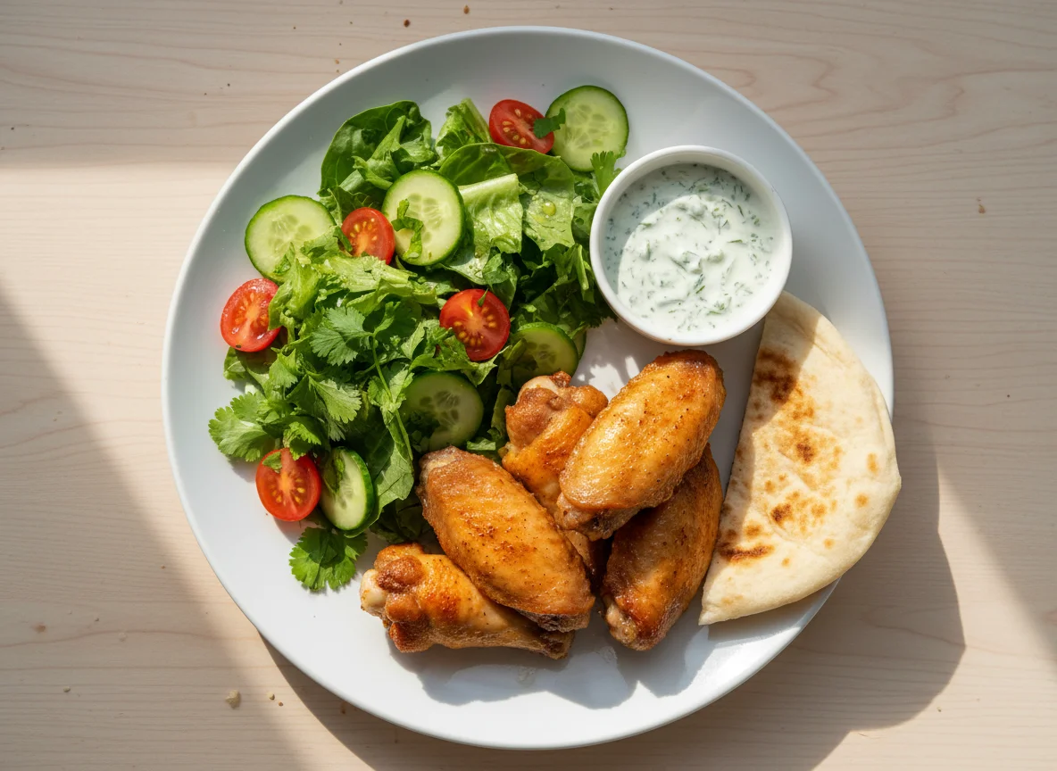 Куриные крылышки с салатом и соусом photo