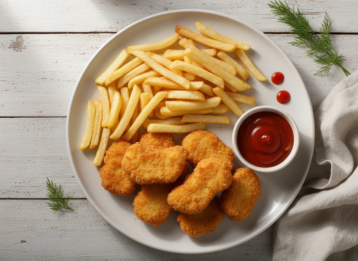 Куриные наггетсы с картофелем фри и кетчупом photo