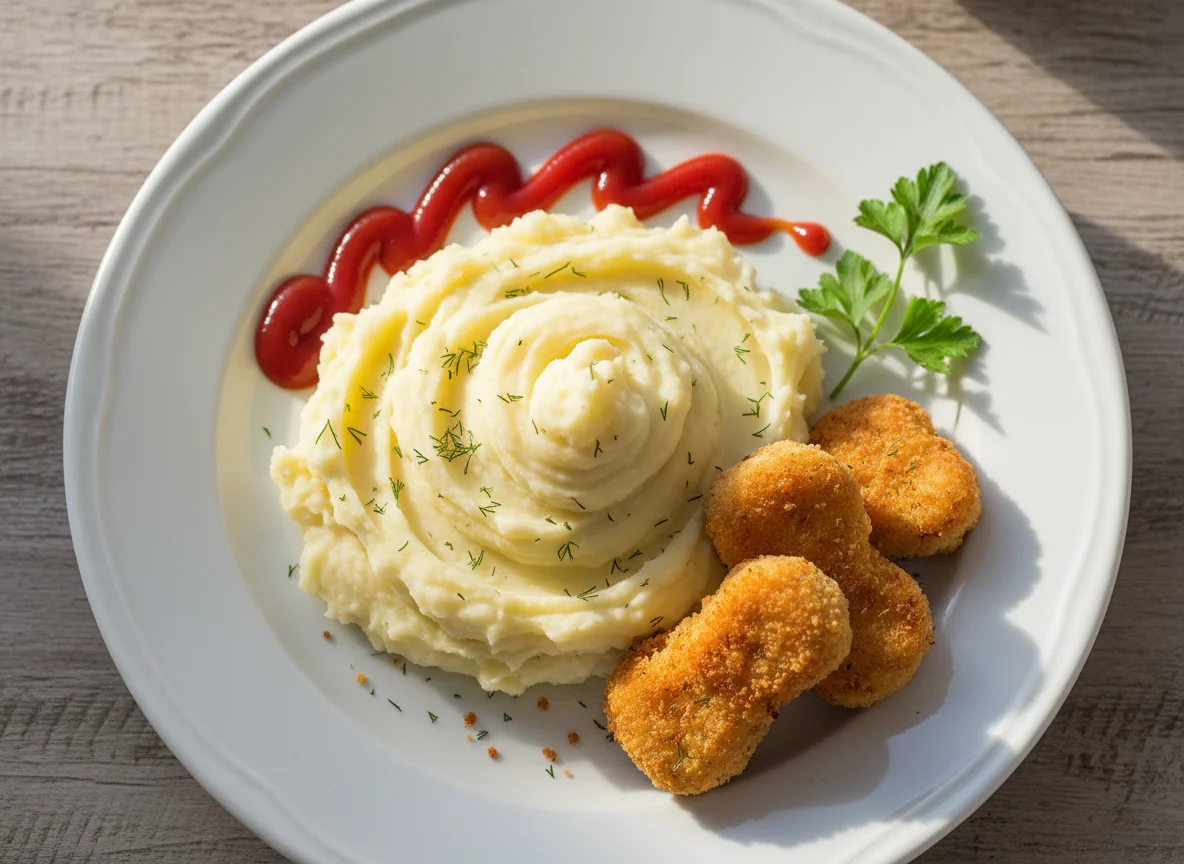 Куриные наггетсы с картофельным пюре и кетчупом photo
