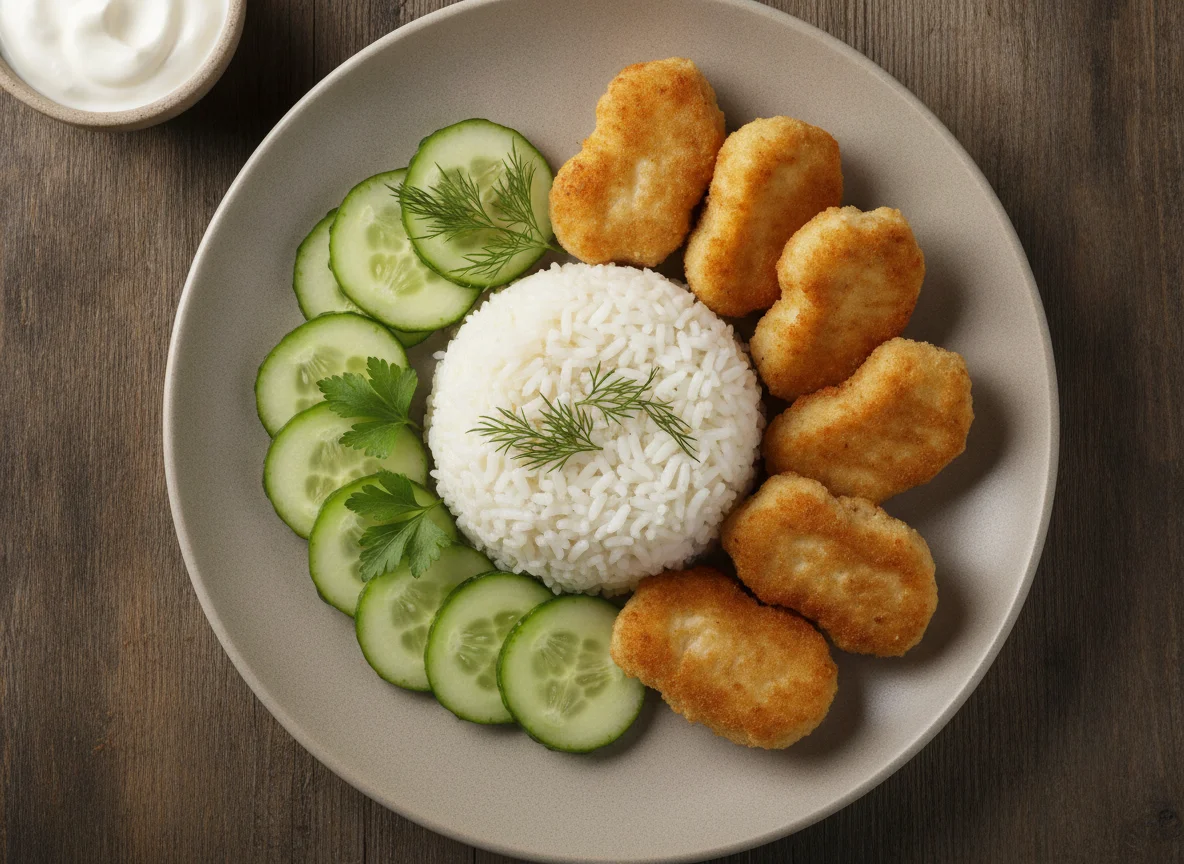 Куриные наггетсы с рисом и огурцом photo