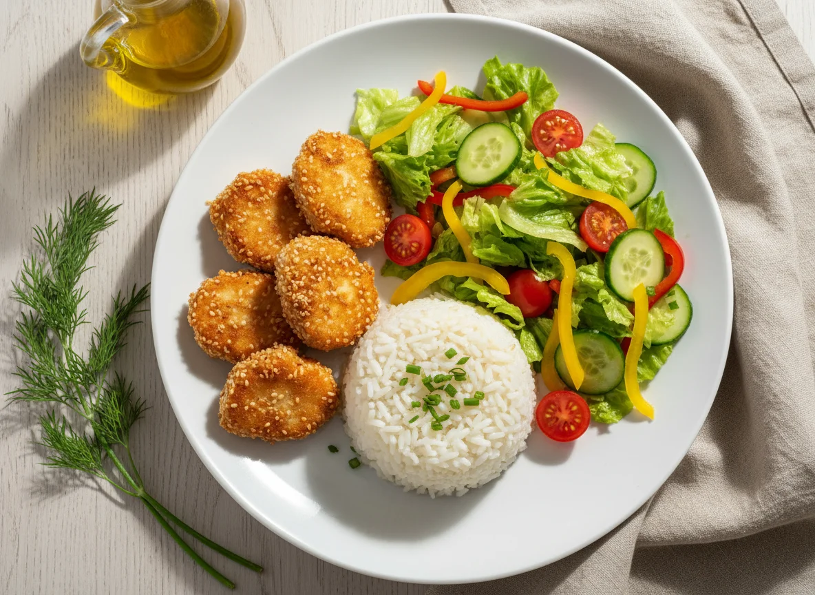 Куриные наггетсы с рисом и овощным салатом photo