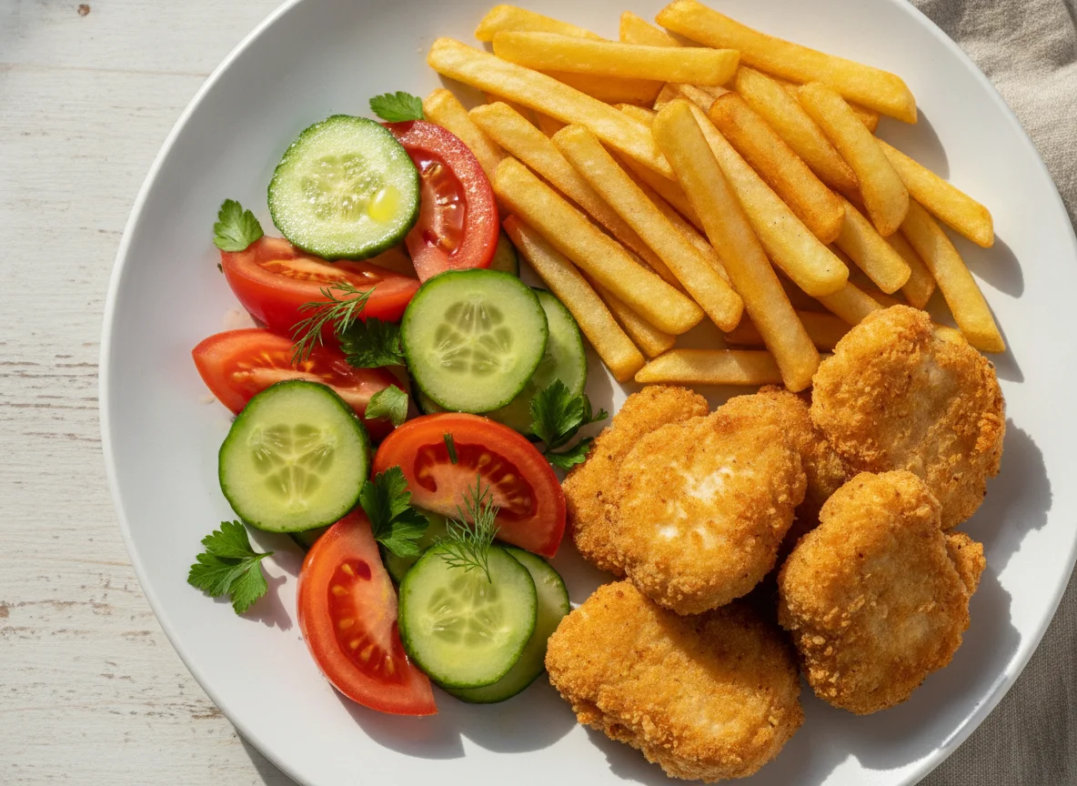 Куриные наггетсы с жареным картофелем и овощным салатом photo