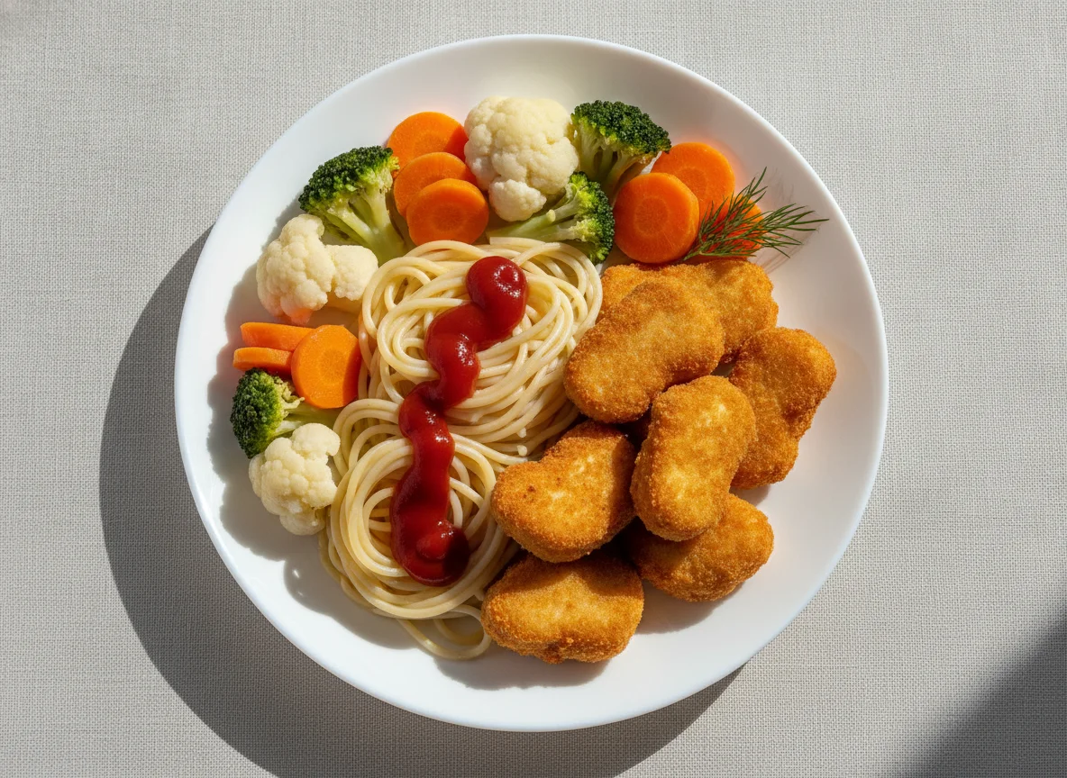 Куриные наггетсы со спагетти и овощами photo