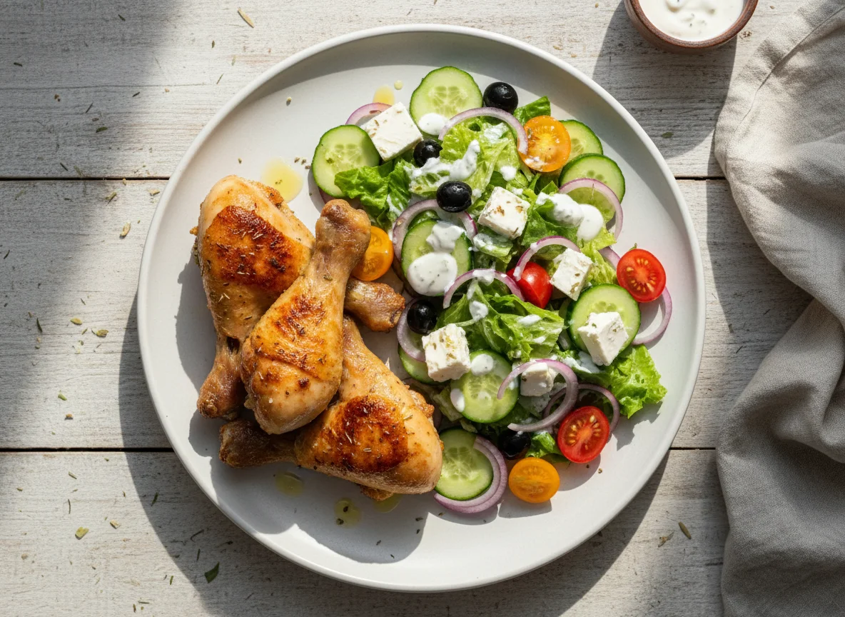 Куриные ножки с греческим салатом photo