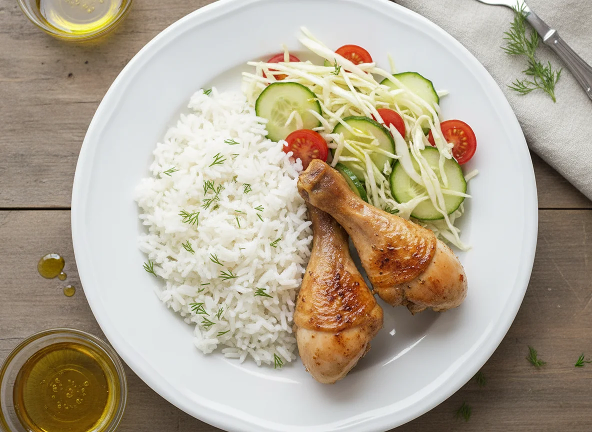 Куриные ножки с рисом и салатом photo